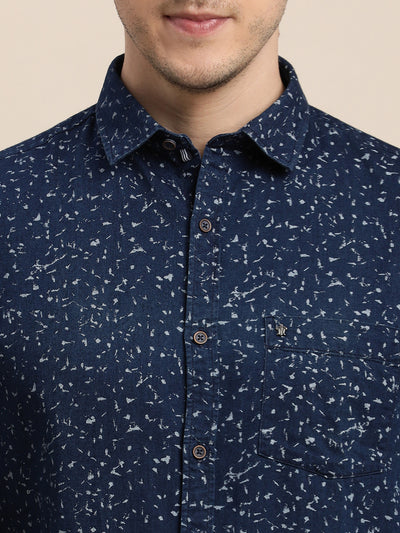 100% Cotton Indigo Blue Printed Slim Fit Full Sleeve Casual Shirt