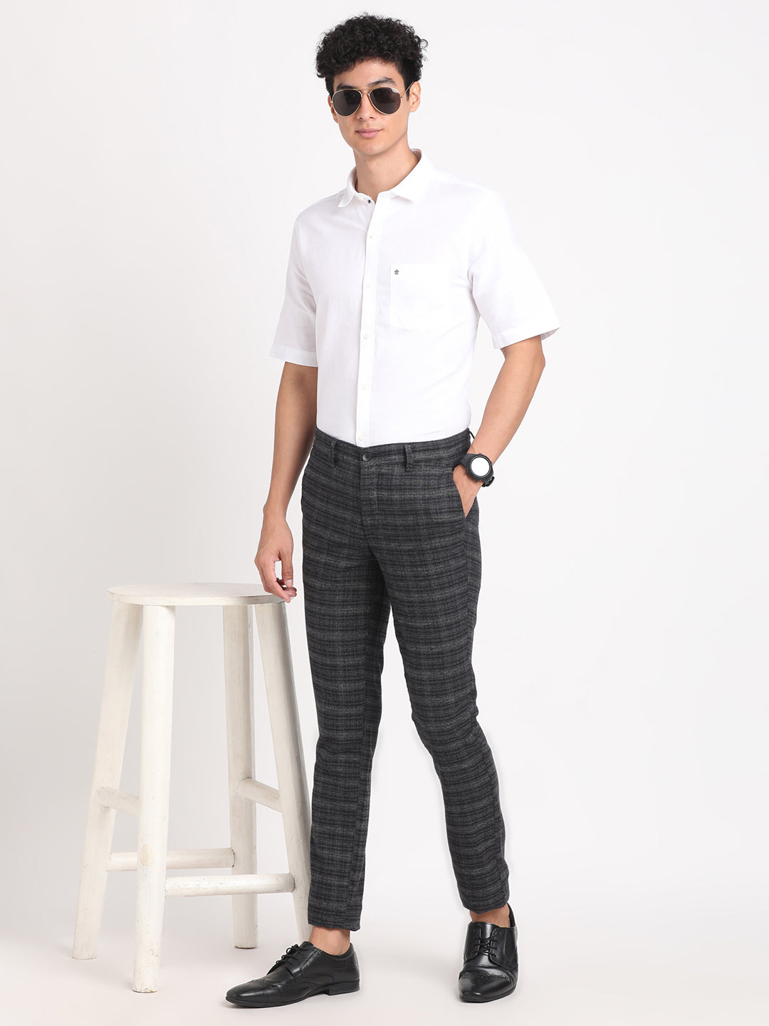 Cotton Stretch Grey Checkered Narrow Fit Flat Front Casual Trouser