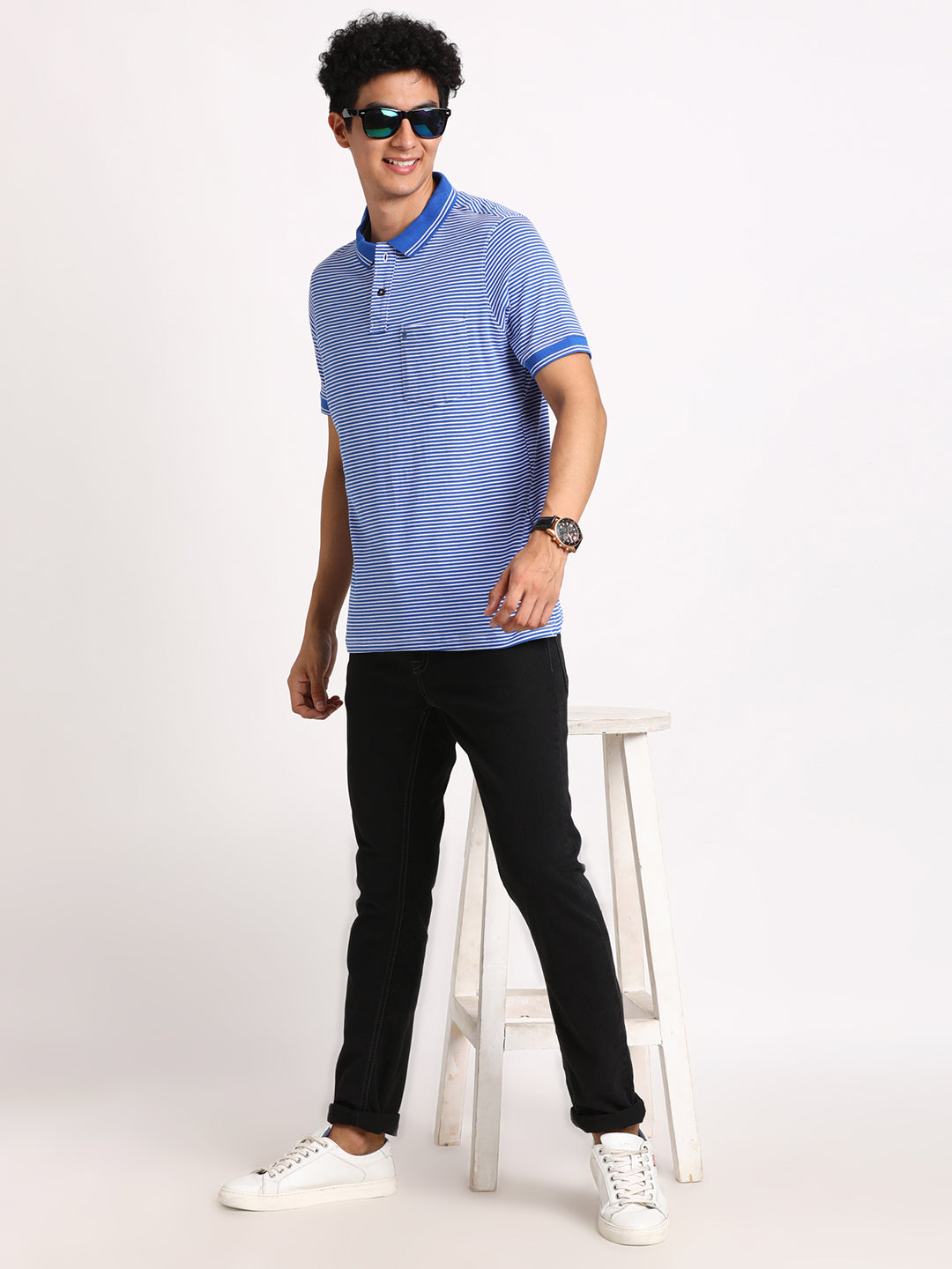 Cotton Blend Blue Self Design Polo Neck Half Sleeve Casual T-Shirt