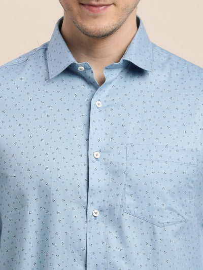 100% Cotton Light Blue Printed Slim Fit Full Sleeve Formal Shirt