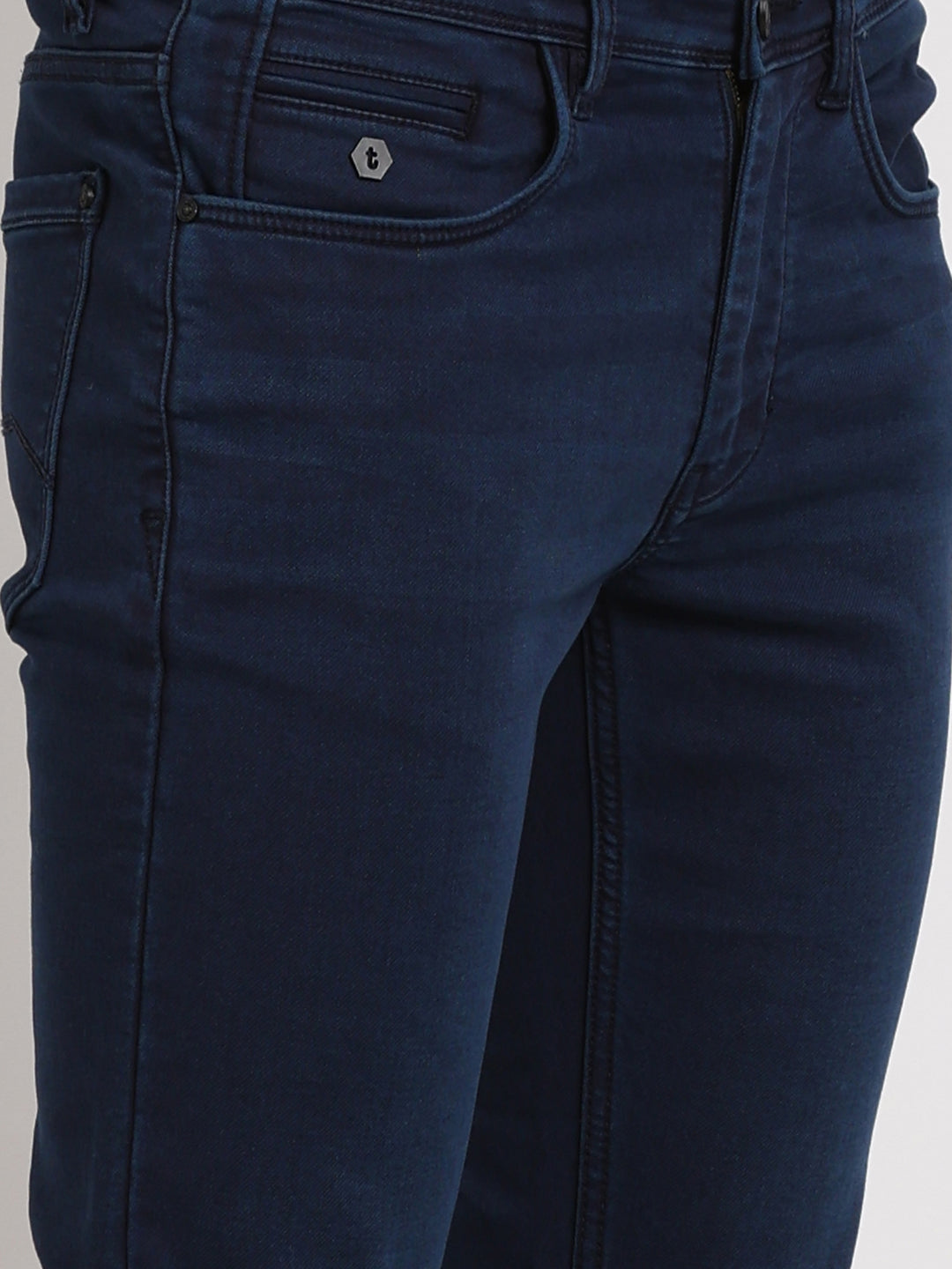 Cotton Stretch Indigo Blue Plain Narrow Fit Flat Front Casual Jeans