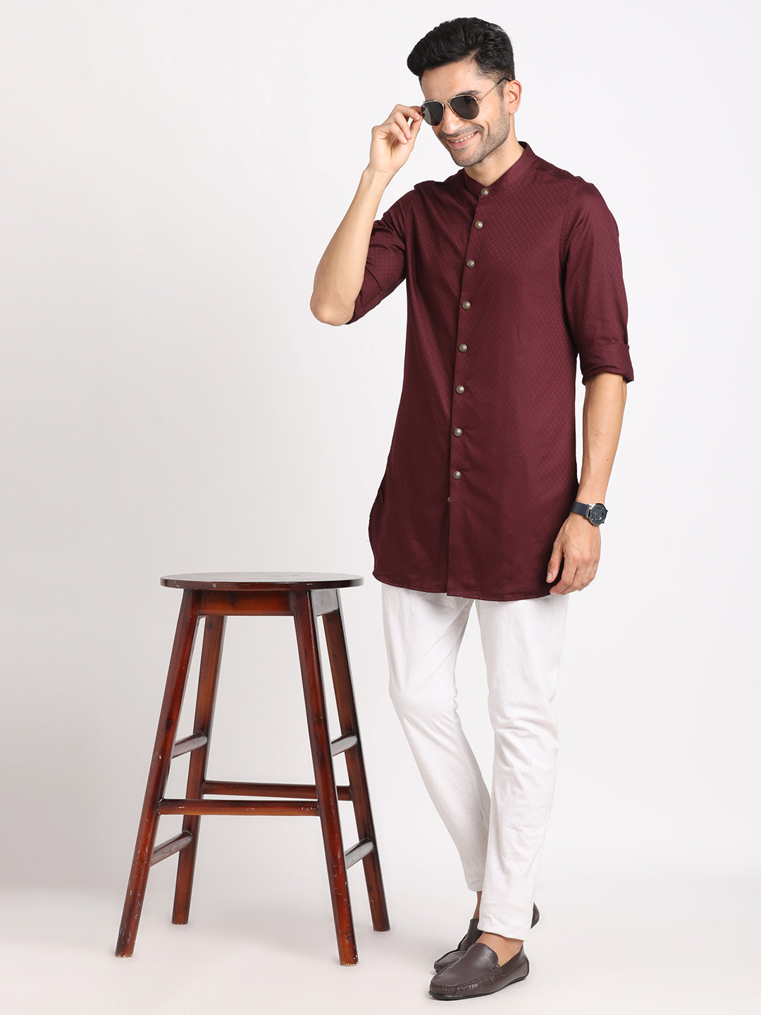 100% Cotton Maroon Jacquard Kurta Full Sleeve Ceremonial Shirt