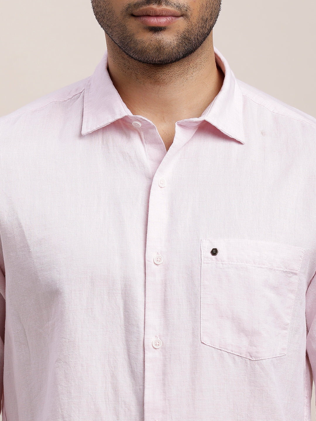 Cotton Linen Light Pink Plain Slim Fit Full Sleeve Casual Shirt