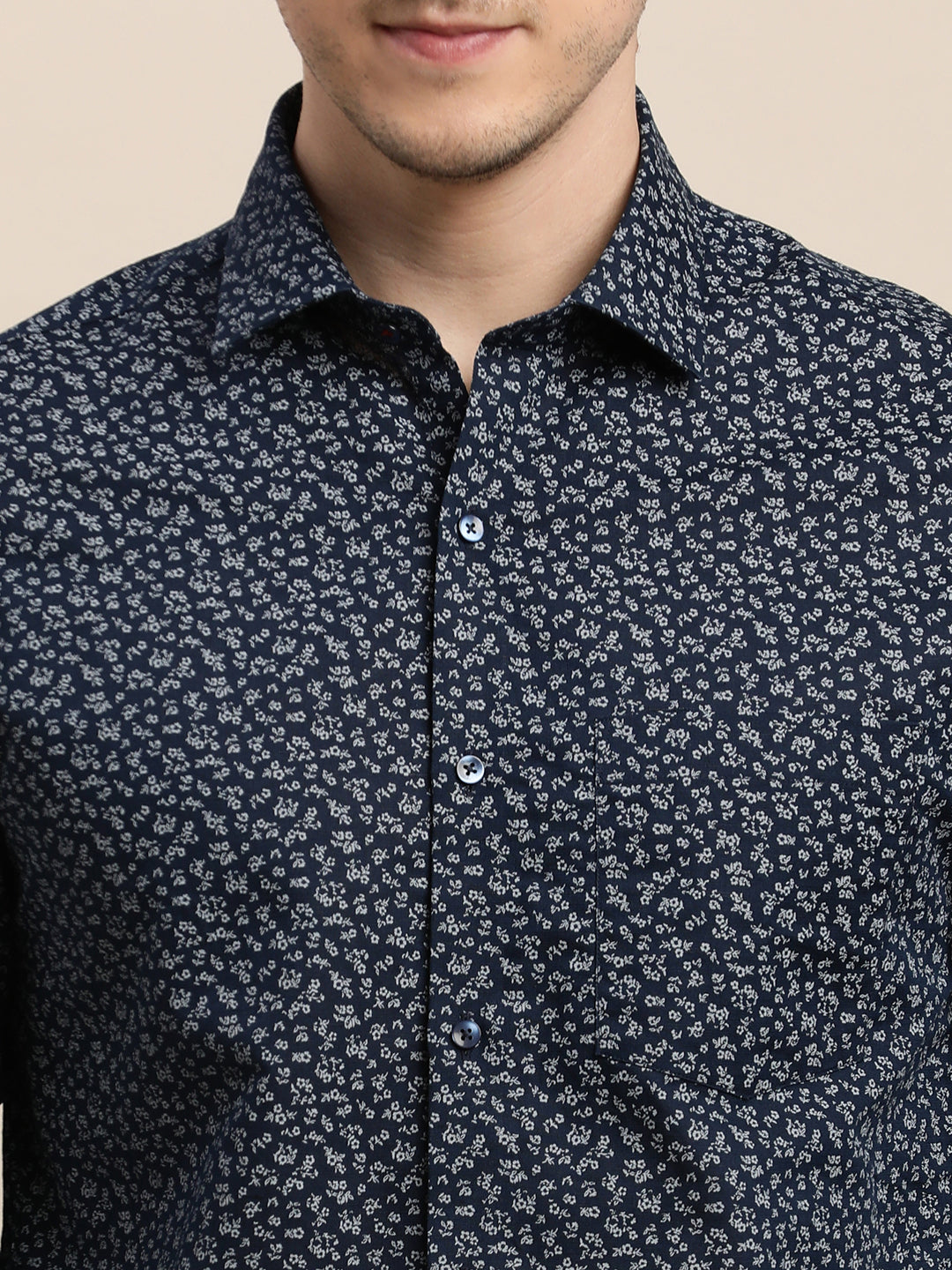 Cotton Linen Dark Blue Printed Slim Fit Full Sleeve Formal Shirt