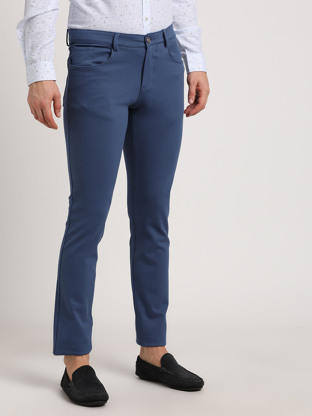 Cotton Blue Plain Narrow Fit Flat Front Casual Trouser