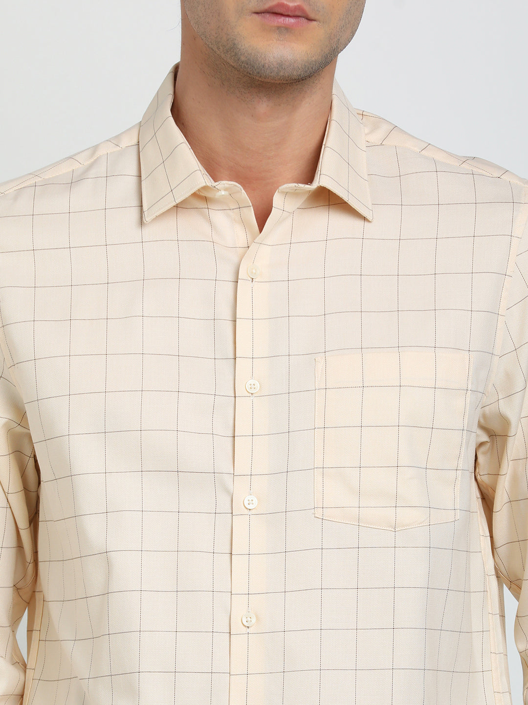 100% Cotton Light Yellow Checkered Slim Fit Full Sleeve Formal Shirt