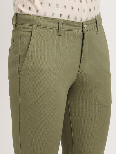 Cotton Stretch Olive Dobby Ultra Slim Fit Flat Front Casual Trouser