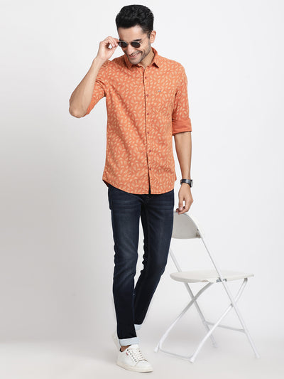 Cotton Linen Orange Printed Slim Fit Full Sleeve Casual Shirt