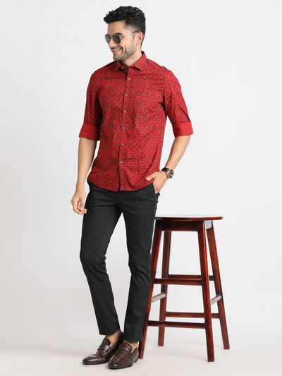 100% Cotton Red Printed Slim Fit Full Sleeve Casual Shirt