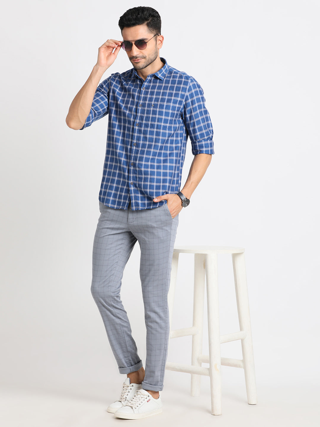 Cotton Linen Blue Checkered Slim Fit Full Sleeve Casual Shirt