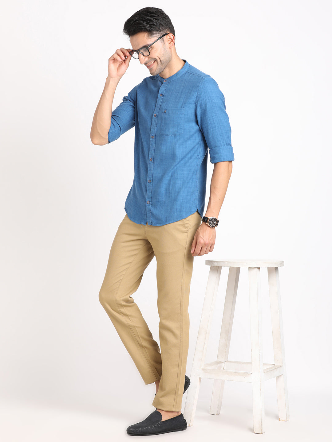 Cotton Lyocell Blue Plain Slim Fit Full Sleeve Casual Shirt