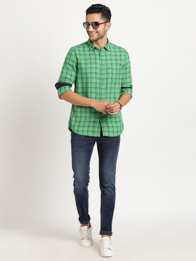 Cotton Viscose Green Checkered Slim Fit Full Sleeve Casual Shirt