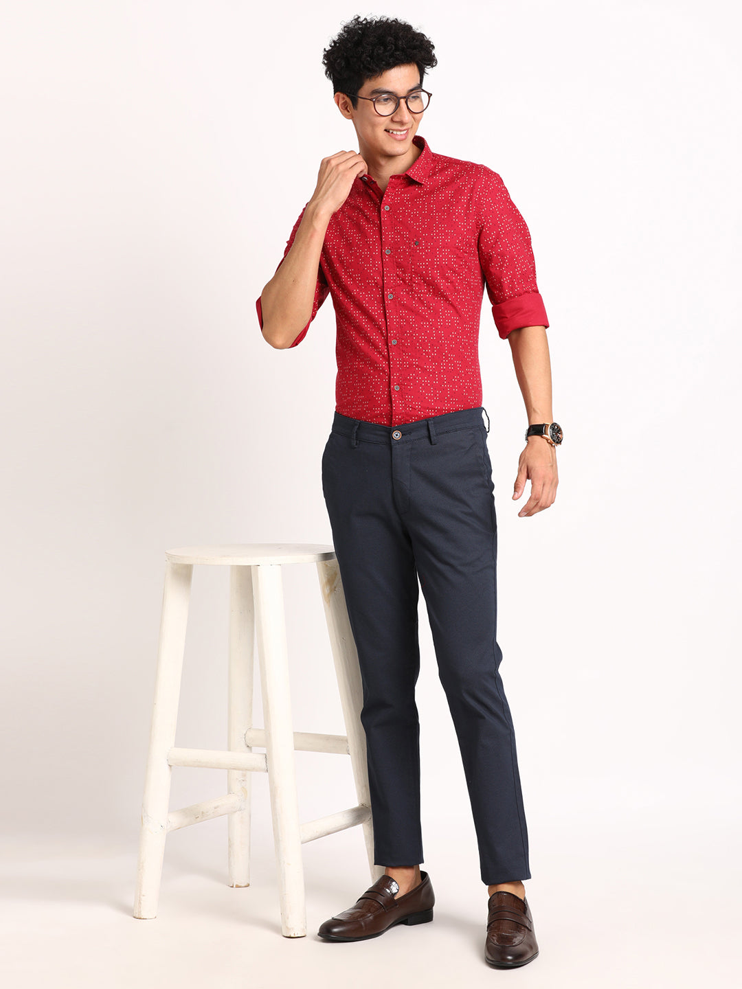 100% Cotton Red Printed Slim Fit Full Sleeve Casual Shirt