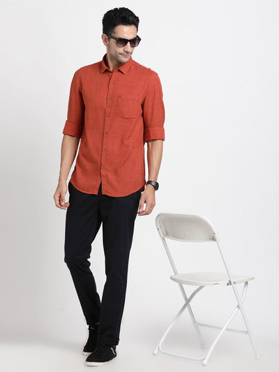 Cotton Lyocell Orange Plain Slim Fit Full Sleeve Casual Shirt