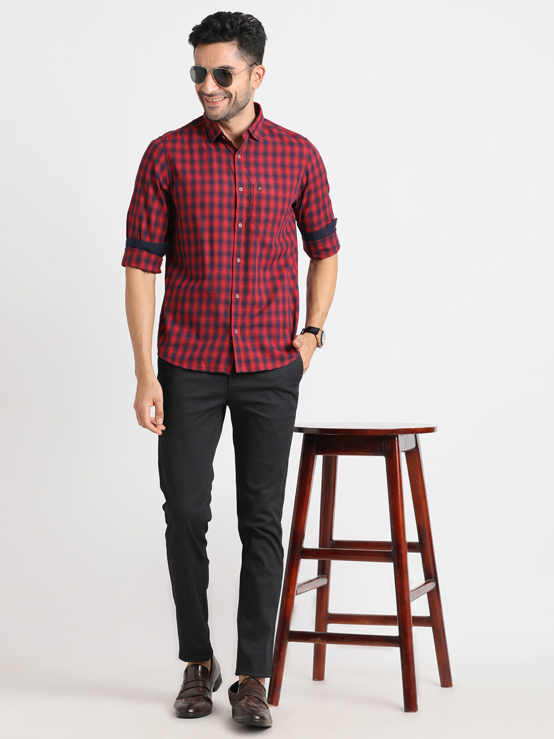 100% Cotton Red Checkered Slim Fit Full Sleeve Casual Shirt