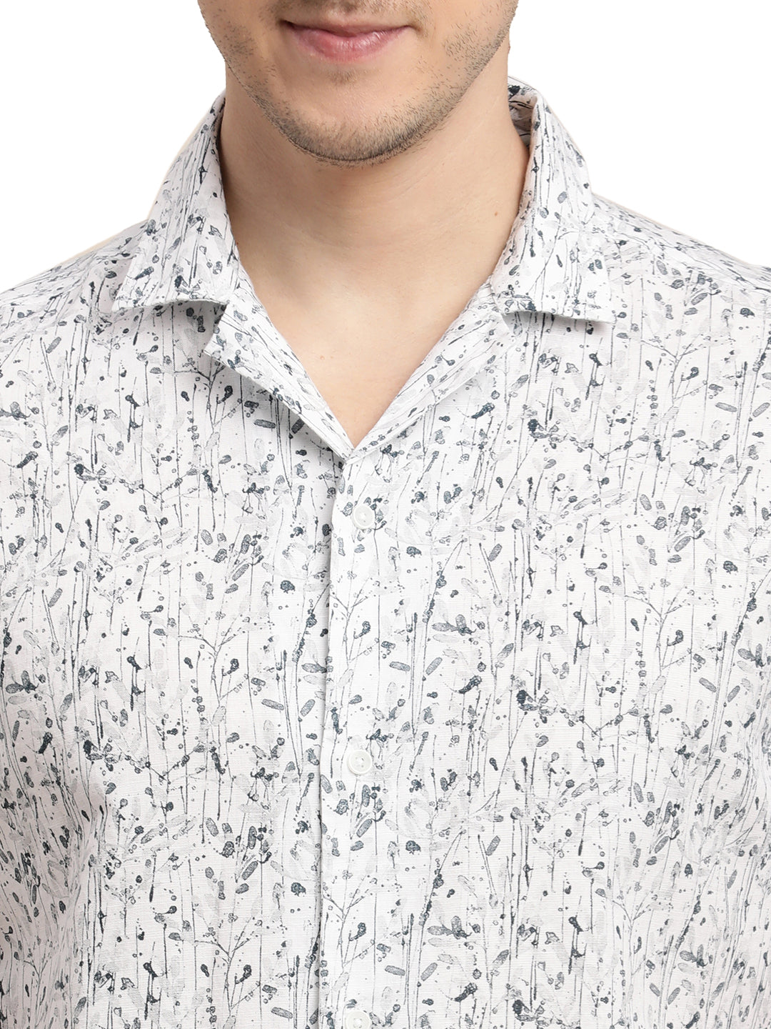 Cotton Linen White Printed Slim Fit Half Sleeve Casual Shirt