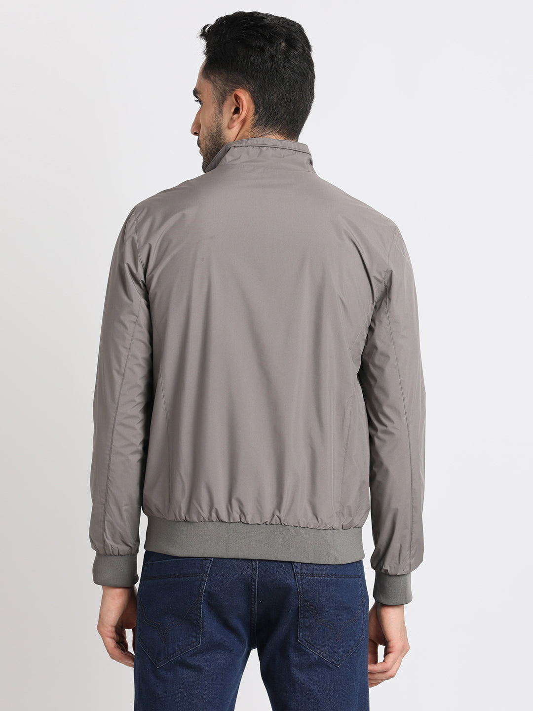 Nylon Grey-Navy Plain Regular Fit Full Sleeve Casual Reversible Windcheater