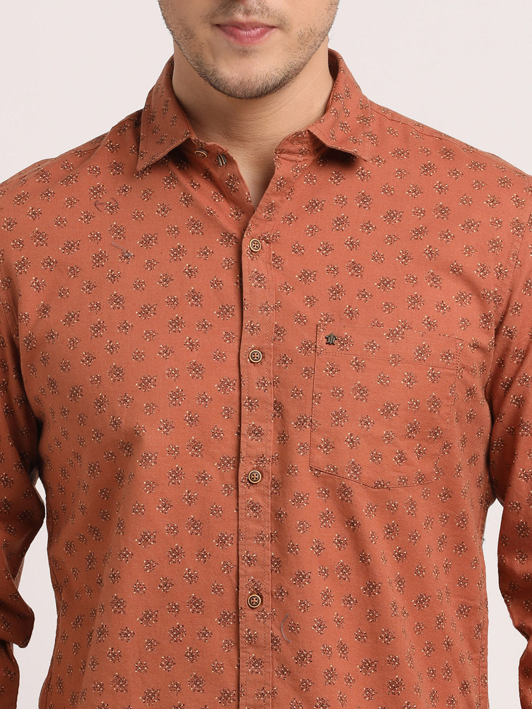 Cotton Linen Orange Printed Slim Fit Full Sleeve Casual Shirt