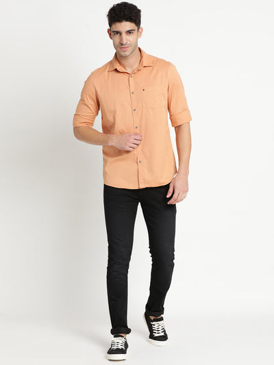 100% Cotton Peach Plain Slim Fit Full Sleeve Casual Shirt