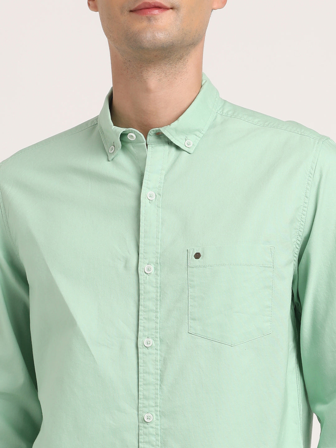 100% Cotton Light Green Plain Slim Fit Full Sleeve Casual Shirt