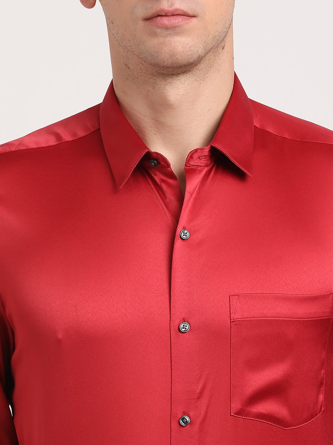 Poly Satin Red Plain Slim Fit Full Sleeve Ceremonial Shirt