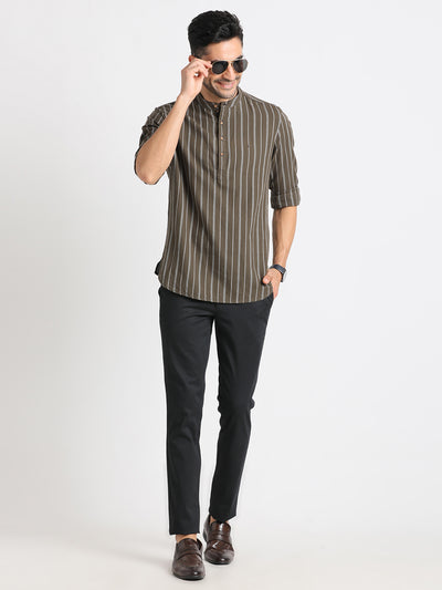 100% Cotton Brown Striped Kurta Full Sleeve Casual Shirt