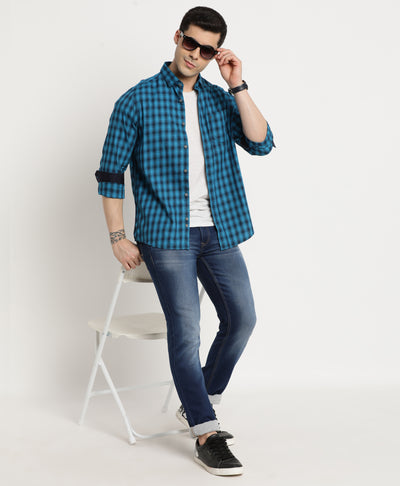 100% Cotton Teal Blue Checkered Slim Fit Full Sleeve Casual Shirt