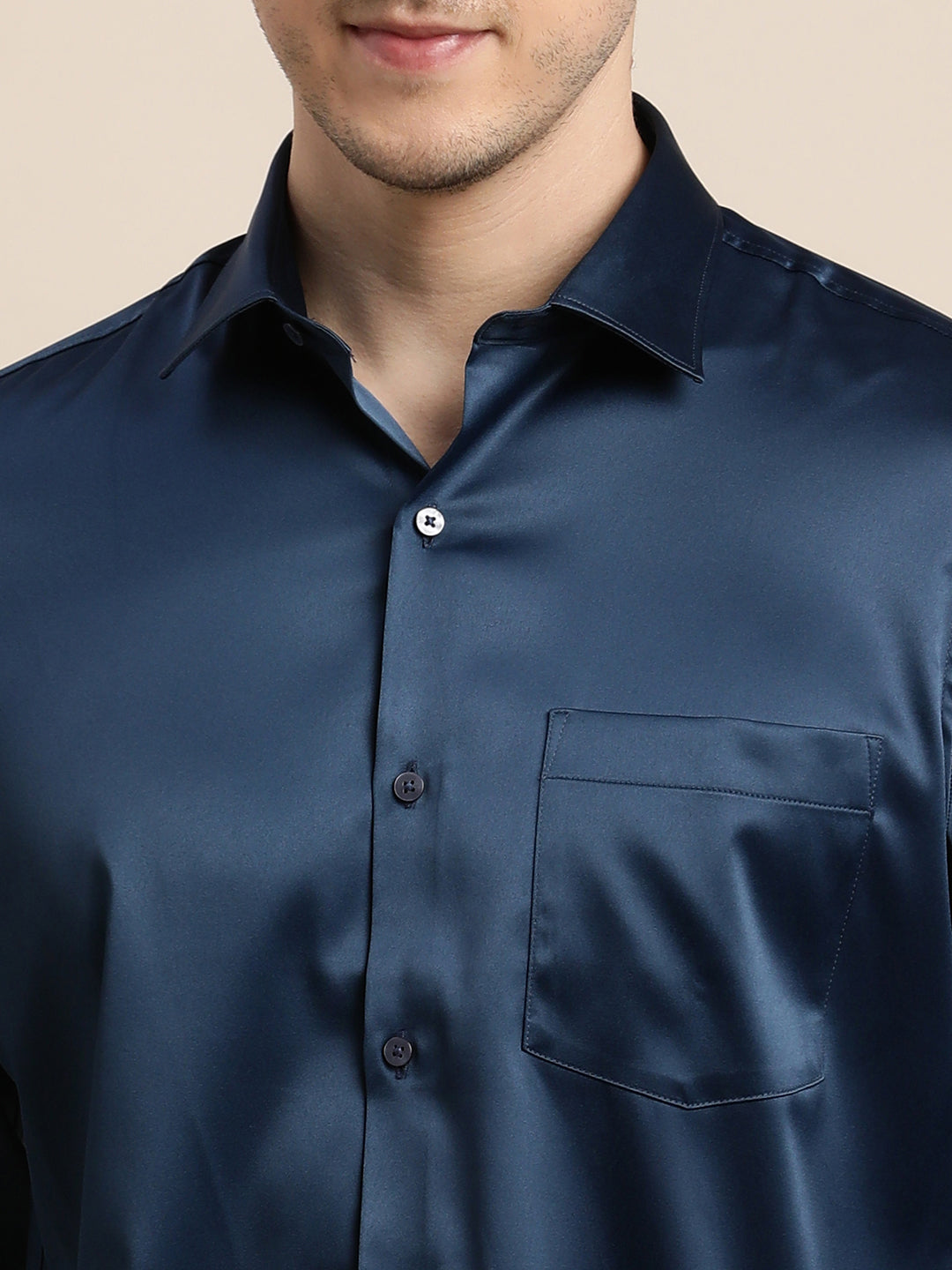 Poly Satin Blue Plain Slim Fit Full Sleeve Ceremonial Shirt