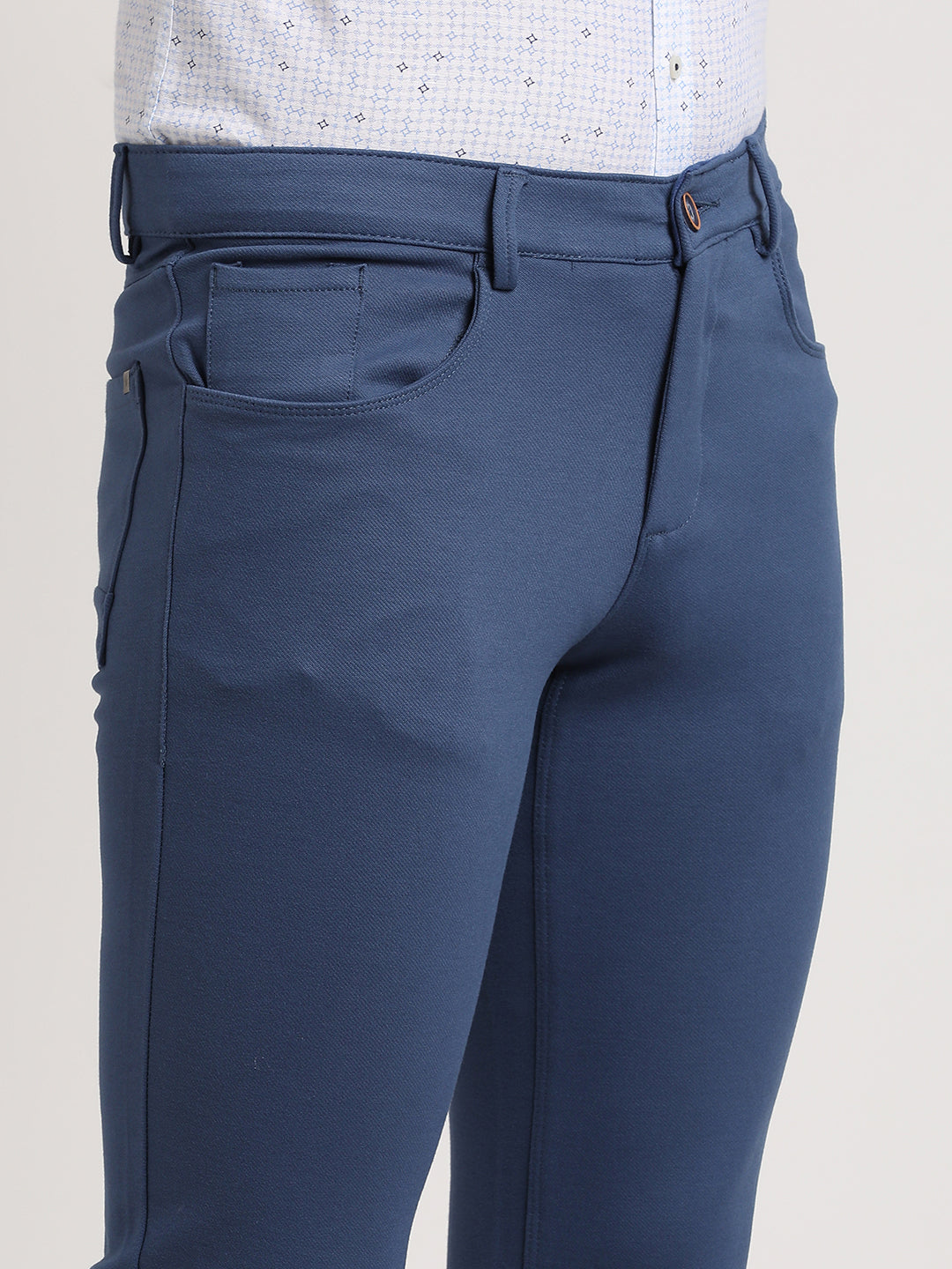 Cotton Blue Plain Narrow Fit Flat Front Casual Trouser