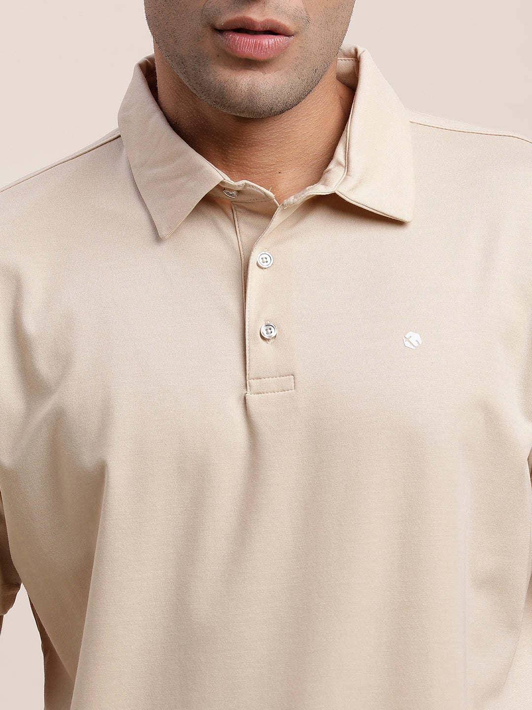 Cotton Plain Beige Polo Neck T-Shirt