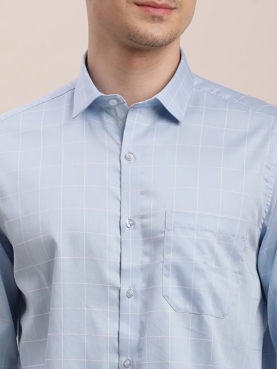 100% Cotton Light Blue Checkered Regular Fit Full Sleeve Formal Shirt