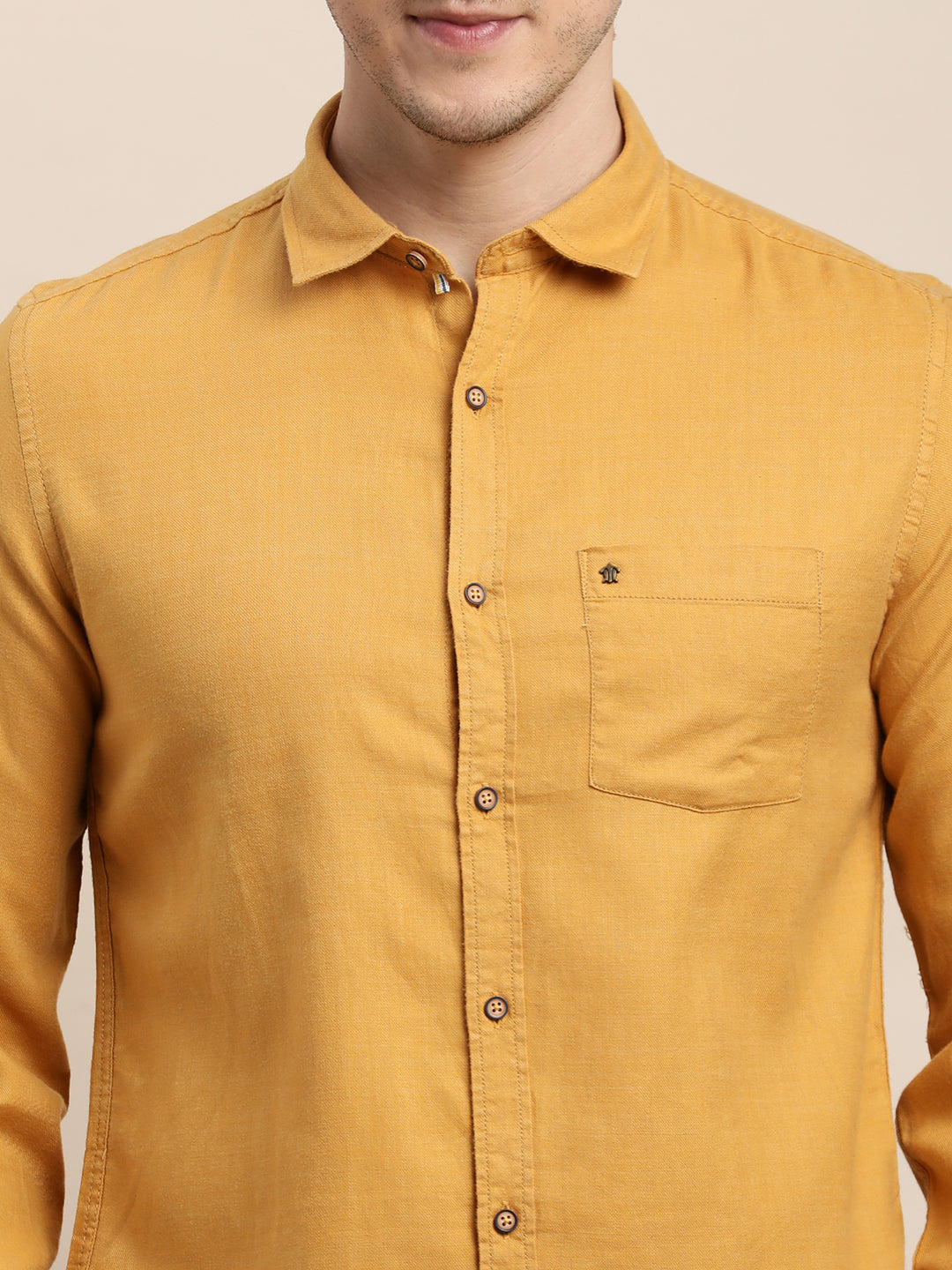 Cotton Lyocell Mustard Plain Slim Fit Full Sleeve Casual Shirt