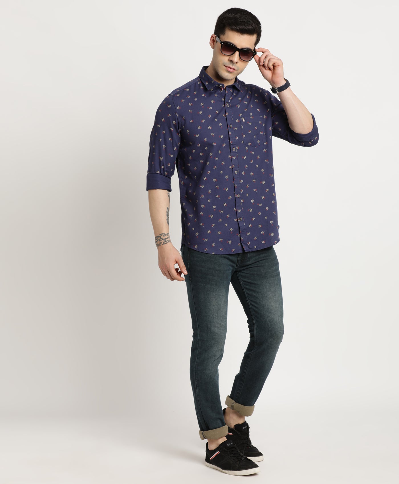 100% Cotton Navy Blue Printed Slim Fit Full Sleeve Casual Shirt