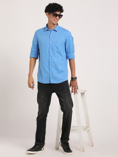 100% Cotton Blue Plain Slim Fit Full Sleeve Casual Shirt