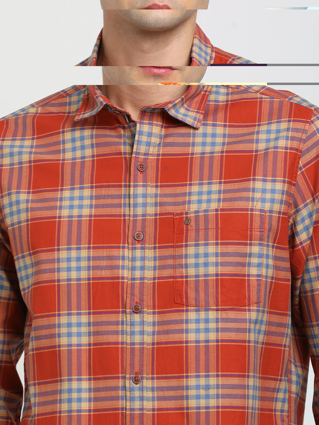 100% Cotton Orange Checkered Slim Fit Full Sleeve Casual Shirt