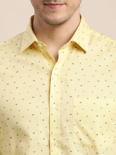 100% Cotton Yellow Printed Slim Fit Full Sleeve Formal Shirt