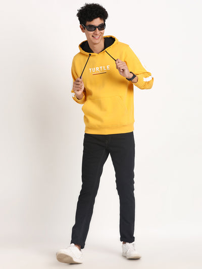 Cotton Stretch Yellow Plain Regular Fit Full Sleeve Casual Hooded Sweatshirt