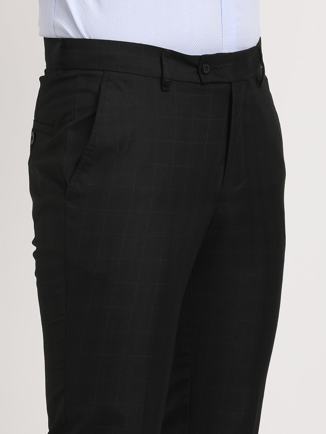 Poly Viscose Black Checkered Ultra Slim Fit Flat Front Formal Trouser