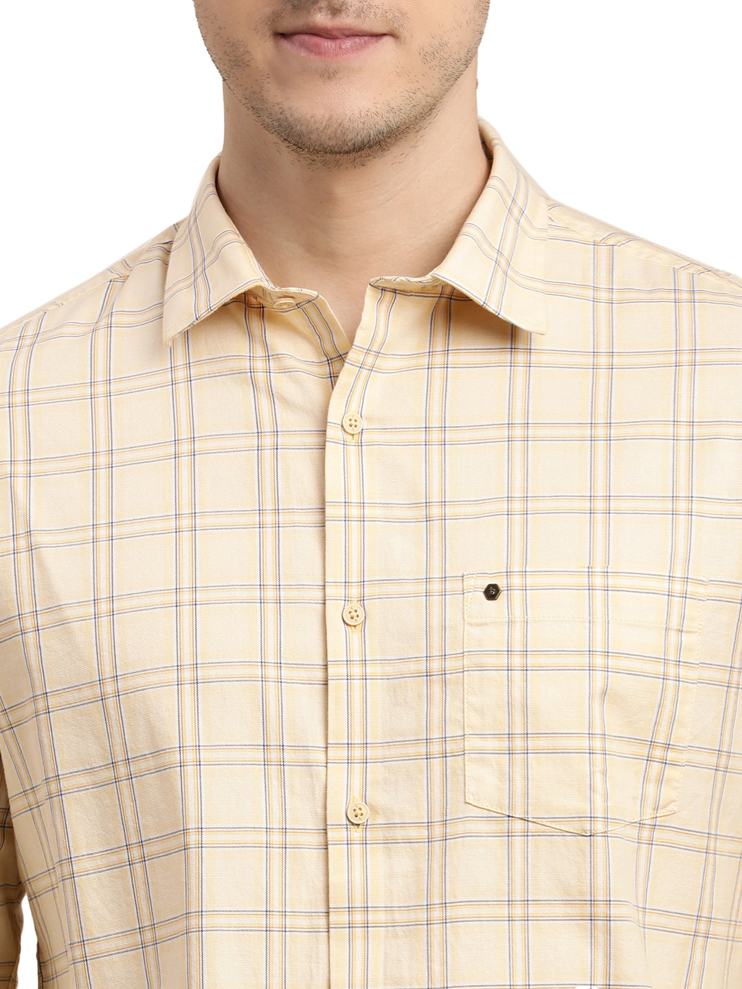 100% Cotton Beige Checkered Slim Fit Full Sleeve Casual Shirt