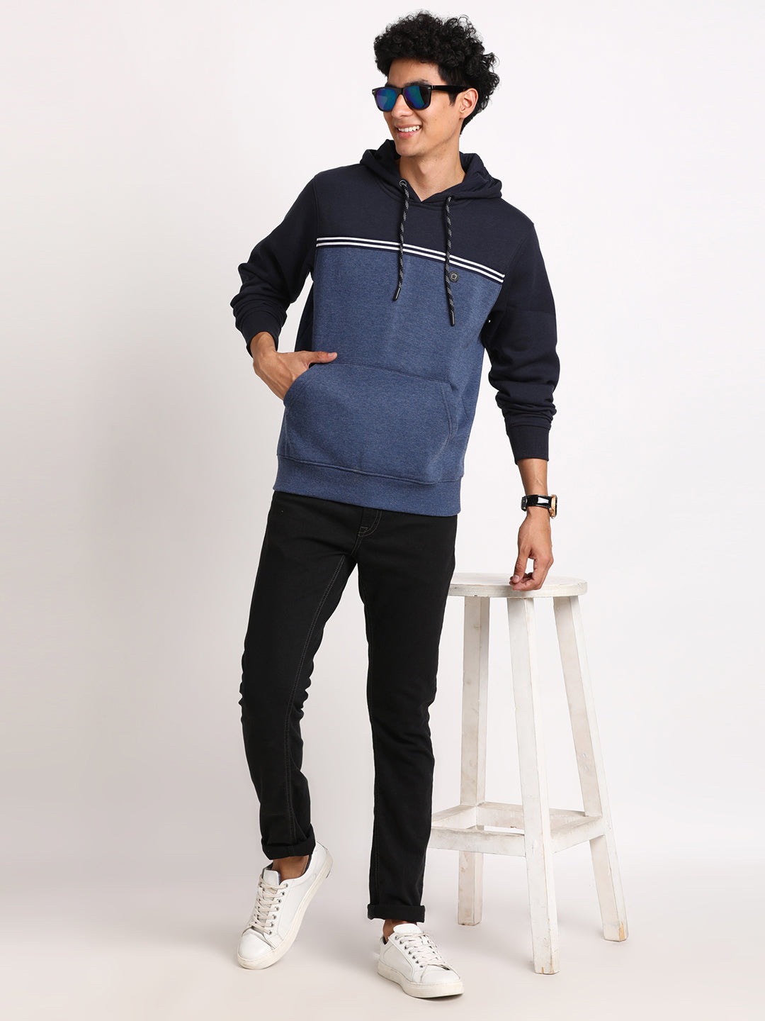 Cotton Stretch Navy Blue Plain Regular Fit Full Sleeve Casual Hooded Sweatshirt