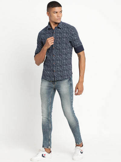 Khadi Navy Blue Printed Slim Fit Full Sleeve Casual Shirt