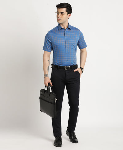 100% Cotton Blue Checkered Regular Fit Half Sleeve Formal Shirt