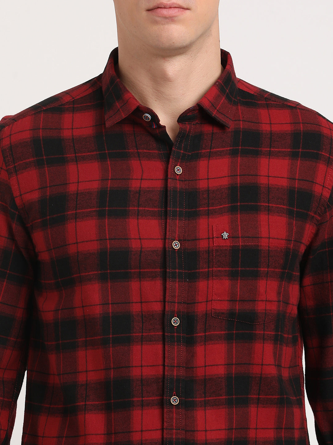 Cotton Lyocell Red Checkered Slim Fit Full Sleeve Casual Shirt