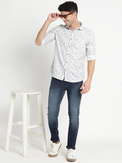 100% Cotton White Printed Slim Fit Full Sleeve Casual Shirt