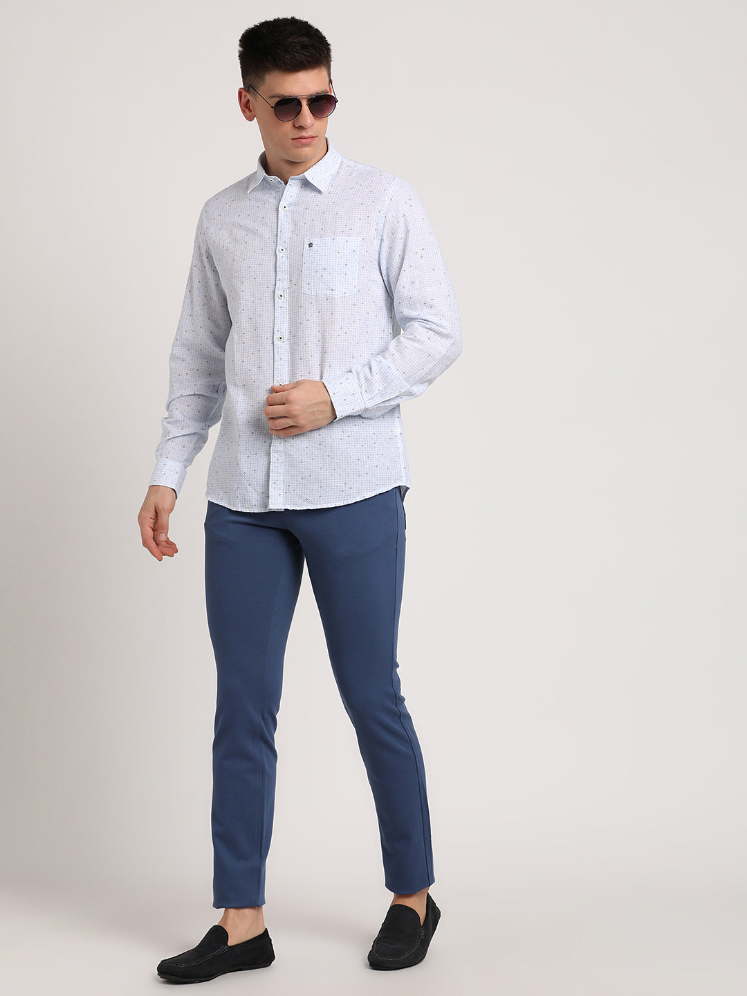 Cotton Blue Plain Narrow Fit Flat Front Casual Trouser