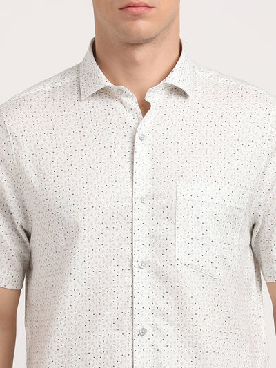 100% Cotton Cream Printed Slim Fit Half Sleeve Formal Shirt