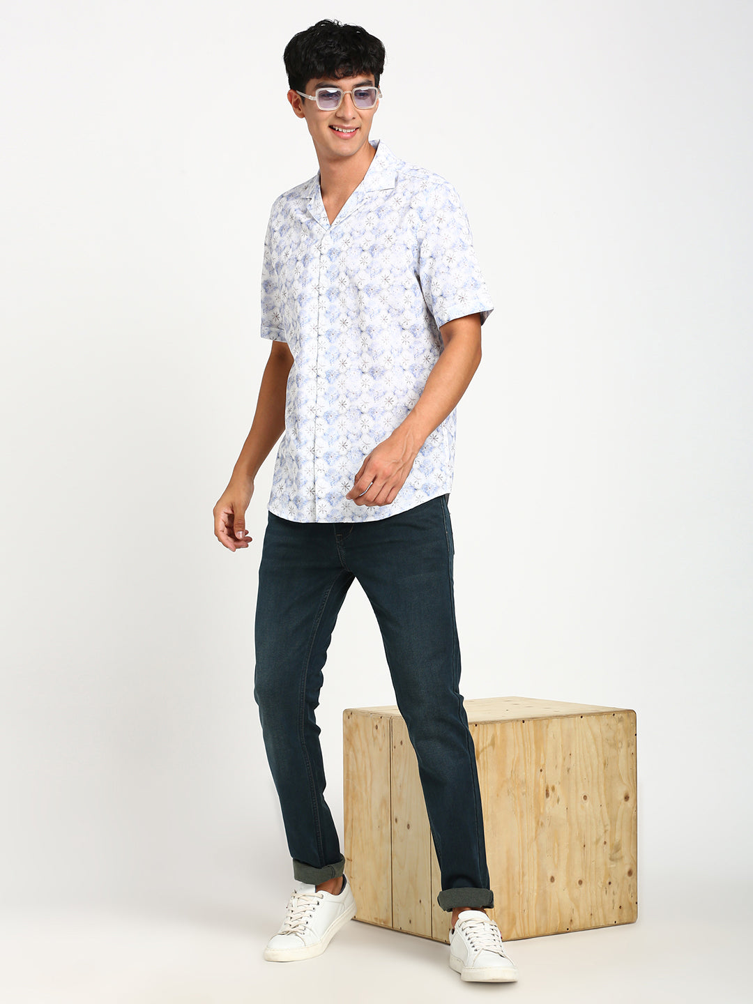 Cotton Blue Printed Slim Fit Half Sleeve Casual Shirt