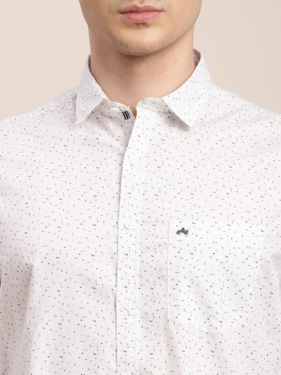 100% Cotton White Printed Slim Fit Half Sleeve Casual Shirt