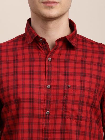 100% Cotton Red Checkered Slim Fit Full Sleeve Casual Shirt