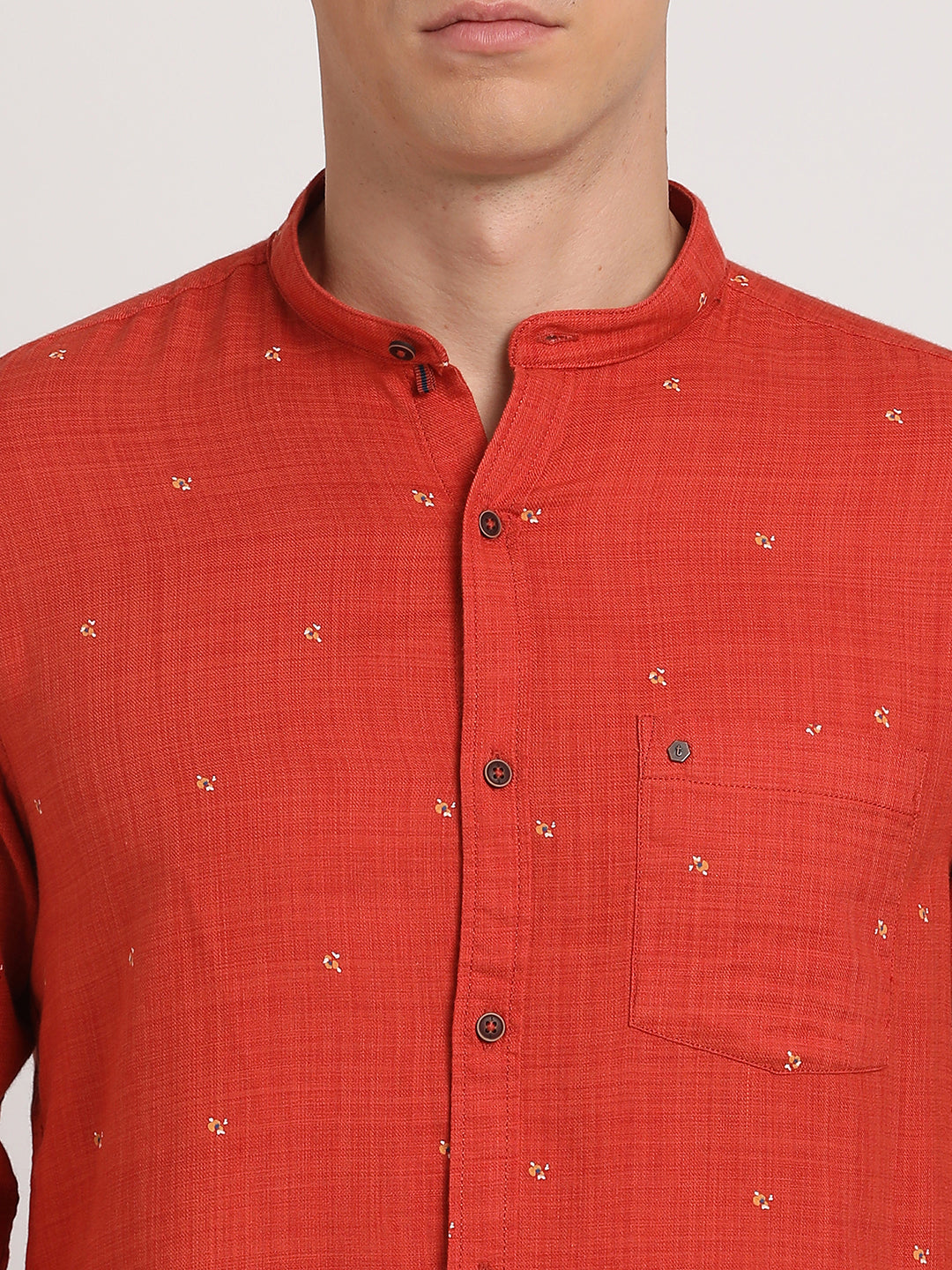 Cotton Lyocell Orange Printed Slim Fit Mandarin Collar Casual Shirt